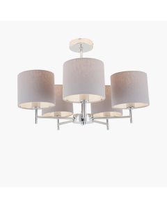 Plaza Silver Metal and Grey Linen 5 Arm Pendant