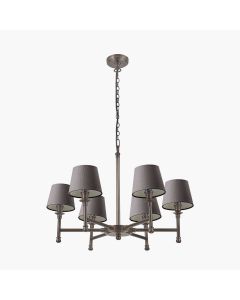 Piero Antique Bronze Metal 6 Arm Pendant with Pelham 15cm Grey Handloom Tapered Candle Clip Lampshade