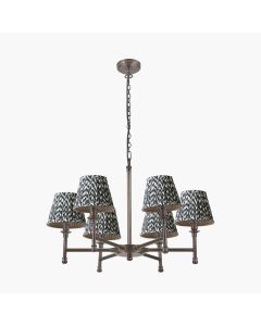 Piero Antique Bronze Metal 6 Arm Pendant with Vienna 16cm Black Chevron Mushroom Pleat Lampshade