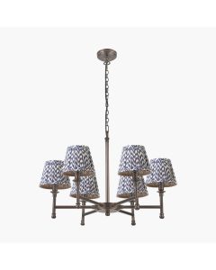 Piero Antique Bronze Metal 6 Arm Pendant with Vienna 16cm Blue Chevron Mushroom Pleat Lampshade