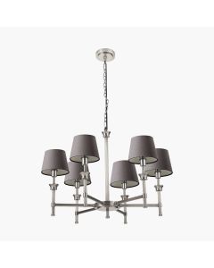 Salvatore Antique Silver Metal 6 Arm Pendant with Pelham 15cm Grey Handloom Tapered Candle Clip Lampshade