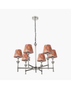 Salvatore Antique Silver Metal 6 Arm Pendant with Izara 16cm Cinnamon Ikat Patterned Mushroom Pleat Tapered Lampshade
