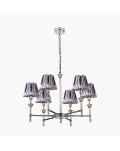 Salvatore Antique Silver Metal 6 Arm Pendant with Izara 16cm Lilac Ikat Patterned Mushroom Pleat Tapered Lampshade
