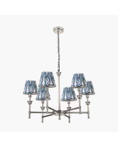 Salvatore Antique Silver Metal 6 Arm Pendant with Izara 16cm Ocean Blue Ikat Patterned Mushroom Pleat Tapered Lampshade