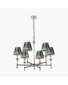 Salvatore Antique Silver Metal 6 Arm Pendant with Izara 16cm Racing Green Ikat Patterned Mushroom Pleat Tapered Lampshade