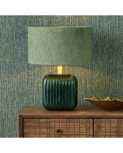 Stellan 30cm Green Slubbed Faux Silk Gold Lined Cylinder Shade