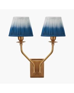 Tatiana Antique Brass Metal Double Wall Light with Scallop 16cm Blue Ombre Soft Pleated Tapered Lampshade
