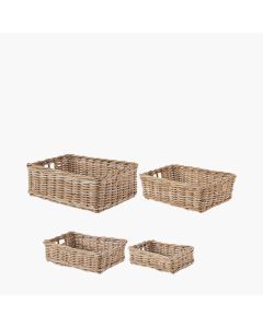 Set of 4 Grey Kubu Rattan Rectangular Storage Trays