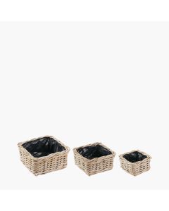 Set of 3 Indoor Outdoor Grey Kubu Rattan Square Basket Planters