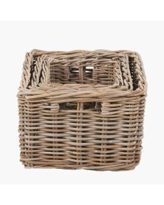 Set of 3 Grey Kubu Rattan Rectangular Storage Baskets with Inset Handles