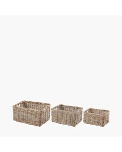 Set of 3 Grey Kubu Rattan Rectangular Storage Baskets with Inset Handles