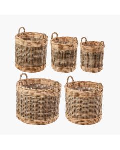 Set of 5 Grey and White Kubu Rattan Round Storage Baskets