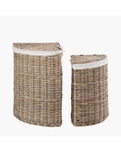 Set of 2 Grey Kubu Rattan Lined Corner Linen Baskets