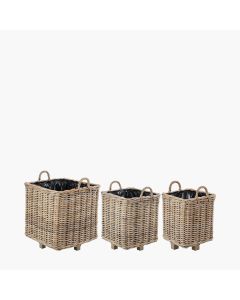 Set of 3 Indoor or Outdoor Grey Kubu Rattan Square Basket Planters with Handles