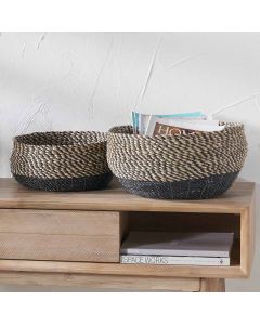 Set of 2 Seagrass Natural and Black Round Baskets