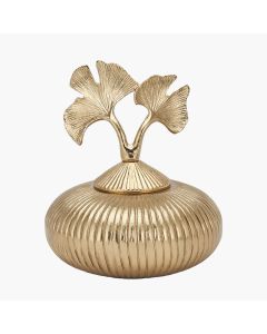 Gold Ribbed Metal Pot with Gingko Leaf Lid