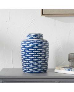 Schoal Blue and White Ceramic Fish Detail Lidded Ginger Jar