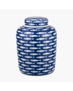 Schoal Blue and White Ceramic Fish Detail Lidded Ginger Jar