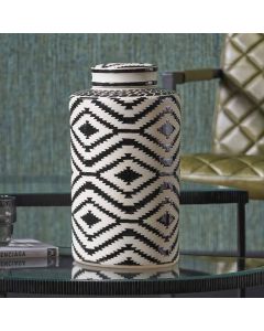 Chirala Black and White Ceramic Aztec Design Lidded Ginger Jar 