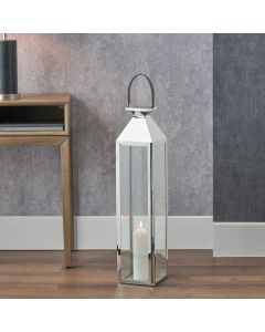 Silver Stainless Steel and Glass Medium Tall Lantern
