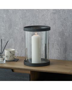 Black Ribbed Metal and Clear Glass Hurricane Large