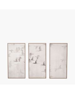 Set of 3 Natural and White Birds Canvases with Natural Frames