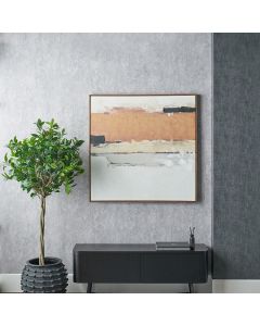 White and Terracotta Abstract Square Canvas with Oak Effect Frame