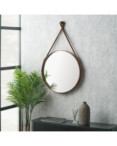 Vintage Brown Leather Frame Round Wall Mirror