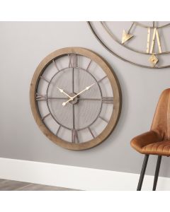 Natural Wood and Black Metal Mesh Round Wall Clock