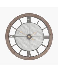 Natural Wood and Black Metal Mesh Round Wall Clock