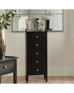 Chelmsford Satin Black Pine Wood 5 Drawer Tall Boy