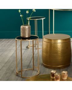 Veneziano S/2 Antique Gold Metal and Black Glass Side Tables