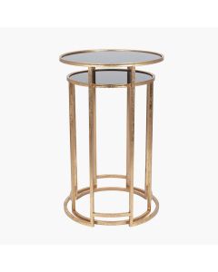 Veneziano S/2 Antique Gold Metal and Black Glass Side Tables