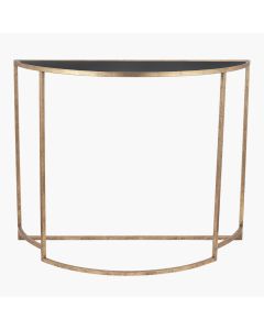 Veneziano Antique Gold Metal and Black Glass Half Moon Console Table