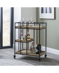 Gallery Natural Wood Veneer and Black Metal Bar Trolley