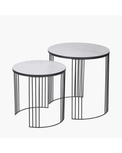 Atri Set of 2 White Marble Veneer and Black Metal Side Tables