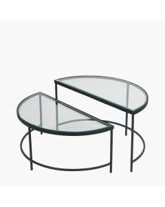 Marazzi S/2 Bevelled Glass and Black Metal Half Moon Coffee Tables