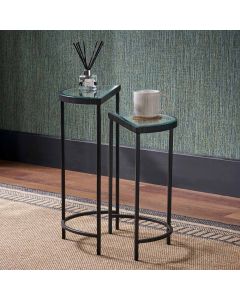 Marazzi S/2 Bevelled Glass and Black Metal Half Moon Side Tables