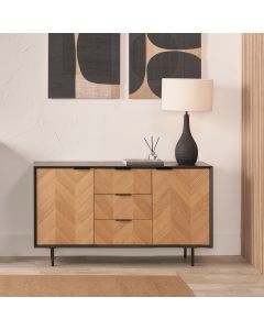 Hailee Black and Natural Chevron Oak and Pine Wood 2 Door 3 Drawer Sideboard