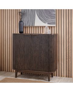 Raie Dark Brown Ribbed Oak and Pine Wood 2 Door Bar Cabinet