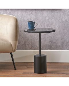 Enzo Black Marble and Black Metal Cylinder Base Side Table