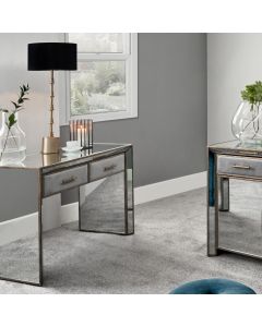 Brindisi Grey Velvet, Antique Metal and Mirror Console Table