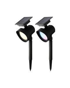 Set of 2 Solar Stake Spot Lights. 8 Function Colour Change Effect