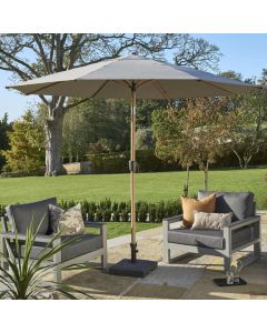 Royce Premium 300cm Round Parasol with LED LIghts. Wood Look Aluminium Frame. Smoke Grey Canopy. Night Cover Included.