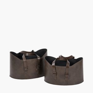 Alessio Set of 2 Peppercorn Leather Handled Storage
