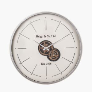 Ivory and Silver Wood Working Cog Wall Clock